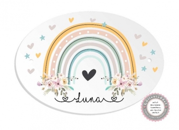 zauberhaftes ovales Türschild mit Regenbogen Blüten Herzen und Wunschname, Kinderzimmer- zur Einschulung, Geburtstag, Taufe, Lüttentüddel®